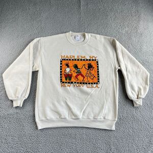 Vintage Jerzees Sweater Mens 2XL XXL White Sweatshirt Harlem NY Fleece Lined USA